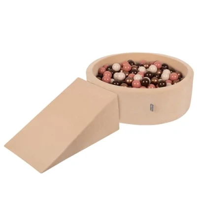 Imagen de KiddyMoon Parque Terciopelo Infantil De Espuma con Rodondo Piscina Bolas (200 Bolas) + Escalones para Niños, Beige Arena: Marrón/Cobre/Beige Pastel/Salmón