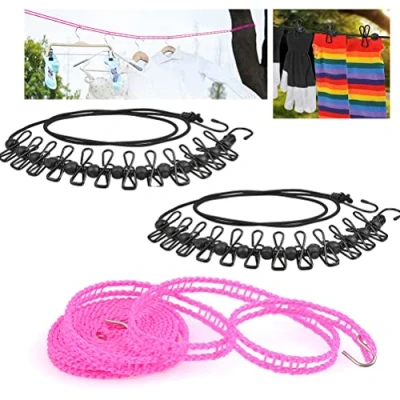 Imagen de TIMESETL Portátil Tendedero 3 PCS Elástico Ajustable Retráctil Cuerda de Ropa con 12 Clips, Hebillas Posicionamiento Negro 13pcs,al Aire Libre y Viajes Campamento Senderismo