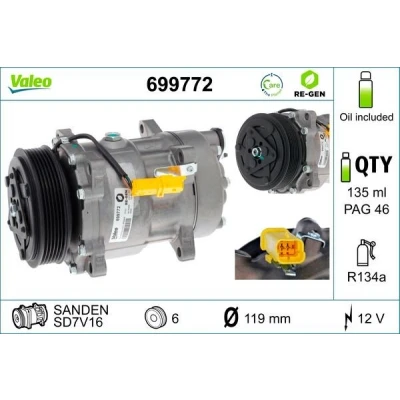 Imagen de VALEO 699772 compresor de Aire Acondicionado SD7V16 12 PAG 46 R 134 a con aceite REFERENCIA RENOVADA CITROËN: Xsara Picasso
