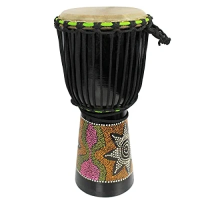 Imagen de a Star Tambor Africano Djembe Pintado Colorido de 8 Pulgadas Auténtico Hecho Mano, Cuerda Afinada, Cabeza Piel Natural 50 cm Altura, 20 Diámetro