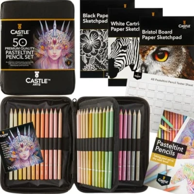 Imagen de Castle Art Supplies Estuche 50+ Lápices Colores Pastel con Accesorios Tonos Suaves y Suntuosos Profesionales Artistas Experimentados Ordenados en un Resistente de Viaje Cremallera