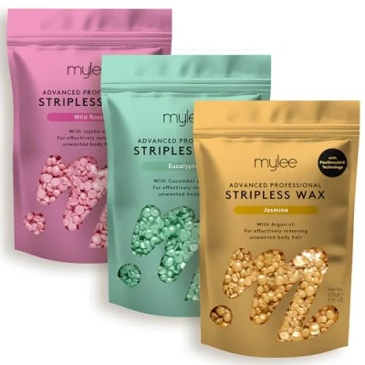 Imagen de Mylee Advanced Stripless Wax Trio Set 3 x 250 g [jazmín, eucalipto, rosa silvestre] Cuentas profesionales de cera dura, depilación indolora, no necesita tiras, caliente pelable, cuerpo completo,