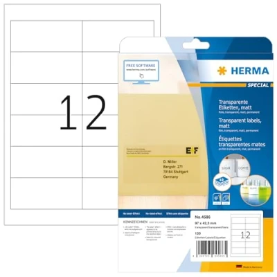 Imagen de HERMA 4586 etiquetas de papel aluminio (97 x 42,3 mm, 10 hojas, película poliéster, mate), autoadhesivas, imprimibles, permanentes, 120 adhesivas, transparentes