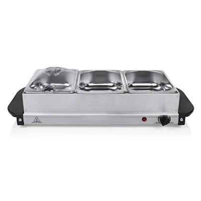 Imagen de Tristar BP 6283 Servidor de Buffet, Capacidad 3 x 1.4 L, Función Mantenimiento Calor y Placa Calientaplatos, Bandeja Alimentos Calientes con Tapa, Temperatura Ajustable, 200 W, Acero Inoxidable, Plata