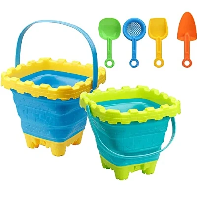 Imagen de TRIXES Juego de 2 Cubos y Palas Plegables Vacaciones Diseño Silicona Minimiza el Espacio en Equipaje Esencial para niños Primera calid