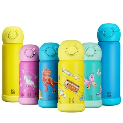 Imagen de B2DO Botella de agua acero inoxidable 316 con doble aislamiento 350 ml Yellow Car Termo para niños anti fugas el colegio pajita sin BPA