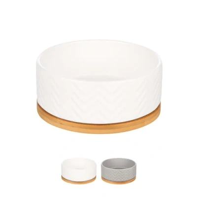 Imagen de Flamingo Biano Dog Bowl 990 ml Non Slip Enamelled Ceramic Bowls in Bamboo Stand 16 cm x 6 7 White