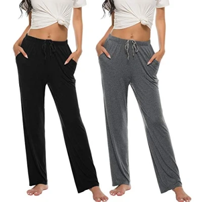 Imagen de MoFiz Mujer Pantalones Laros Pijama Suave Modal Pantalón Casual de Casa con Bolsillos 2 Pack 02 S