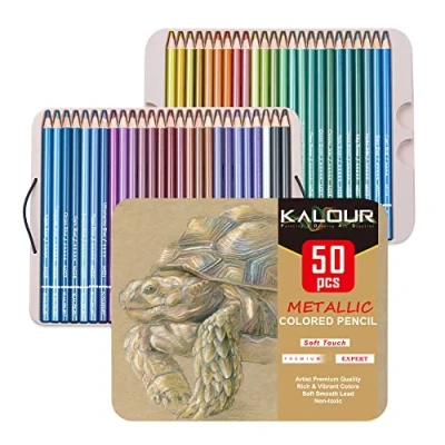 Imagen de KALOUR 50 lápices de colores metálicos, núcleo suave con vibrantes, ideal para dibujar, mezclar, sombrear, colorear adultos y niños principiantes