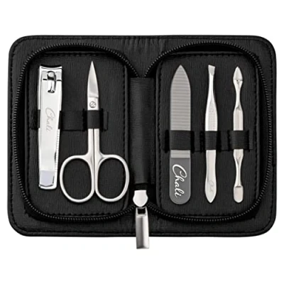 Imagen de Chali® Set Manicura Pedicura 5 pcs, Cuidado Uñas Acero Inoxidable Tijeras Uñas, Cortauñas, Lima de cristal, Pinzas, Empujador Cuticulas