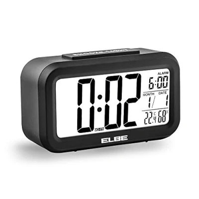 Imagen de Elbe RD 668 N Reloj despertador con termómetro, adecuado para viajar, display LCD 4,4&#039;&#039;, función snooze, pantalla luz, alarma, temperatura y humedad, color negro