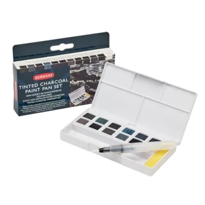 Imagen de Derwent Bandeja de Pinturas Carboncillo Tintado, 12 Colores, Calidad Profesional, Solubles en Agua, Mezclable, Portátil, Incluye Paletas, Mini Pincel y Esponja para Limpiar, 2305872
