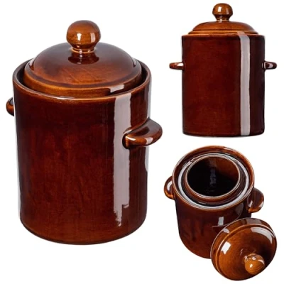 Imagen de KADAX olla de gres, cerámica densa con tapa, apta para lavavajillas, fermentación hecha a mano, cerámica, encurtidos y chucrut (marrón, 10 L)