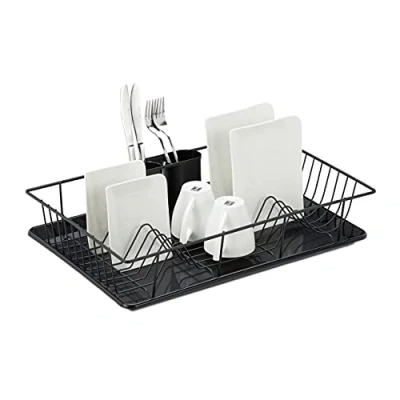 Imagen de Relaxdays Escurridor de Vajilla, Cesto Cubiertos, Bandeja Goteo, Secaplatos, Soporte Platos Plástico, Metal, Negro