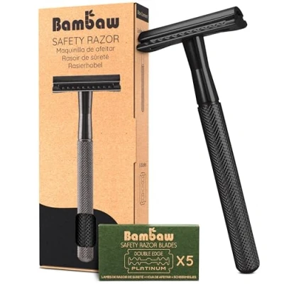 Imagen de Bambaw Maquinilla de Afeitar Clasica con 5 cuchillas afeitar, Afeitadora Manual para Hombre, Single Blade Razor, Compatible Todas las Hojas Negro