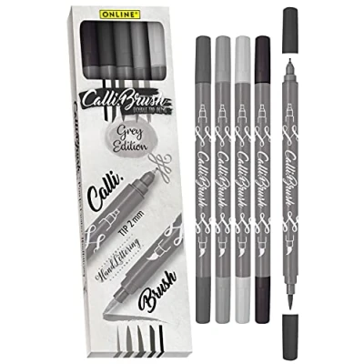 Imagen de Online Calli.Brush Grey Juego de 5 pinceles caligrafía, con punta caligrafía y pincel para diarios, acuarelas