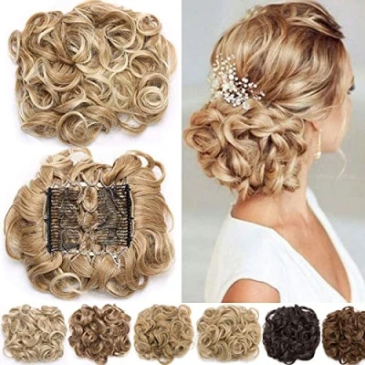 Imagen de Peines Extensiones de cabello ondulado rizado Moño clip pelo Natural Ponytail Hair Extensions Chignon Negro oscuro