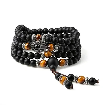 Imagen de COAI Collar Japa Mala Multicapa 108 Cuentas de Ónice Mate con Ojo Tigre Piedras Naturales y Amuleto Mano Fátima