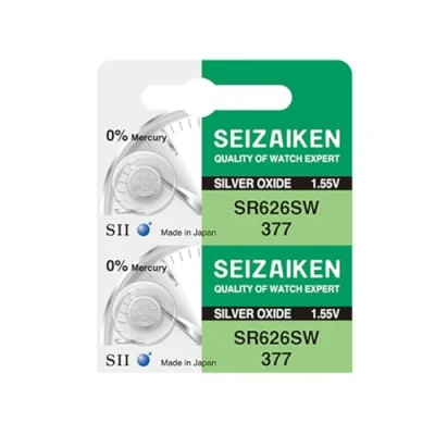 Imagen de Seizaiken Seiko 377 SR626SW Batería de reloj óxido plata (1,55 V, 0 % Hg, 2 baterías), fabricada en Japón