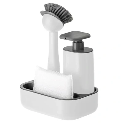 Imagen de Vigar Set Fregadero Con Cepillo, Esponja y Dispensador de Jabón 19 x 13 26.5 cm Rengo 200 ml No Raya la Vajilla Blanco