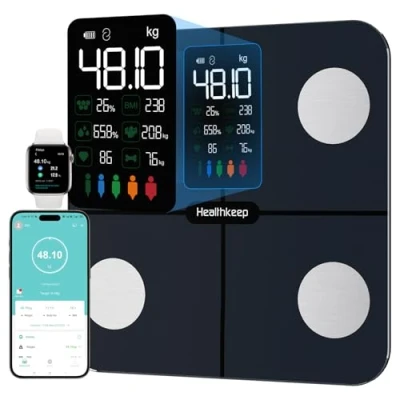 Imagen de Báscula Grasa Corporal Healthkeep de Baño, Básculas Inteligentes Digitalescon Función Frecuencia Cardíaca,15 Datos Corporales,Pantalla VA Extra Grande,Negro