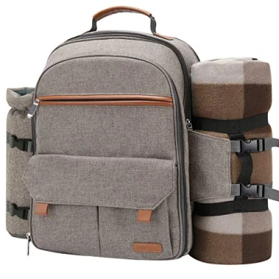 Imagen de Sunflora Mochila Picnic 4 Personas para Picnic, Cesta con Manta de Isotérmica y Compartimiento Desmontable Botella Titular Vino Camping Blosa Picnic(Beige)