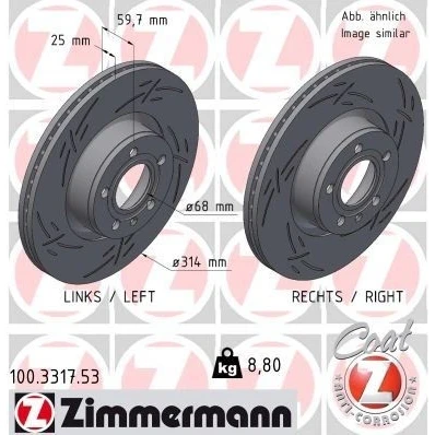Imagen de ZIMMERMANN 100.3317.53 Disco de freno 314 25 6/5 5 112 ventilación externa, ranurado revestido altamente carbonizado AUDI: A6 C6 Berlina, Avant