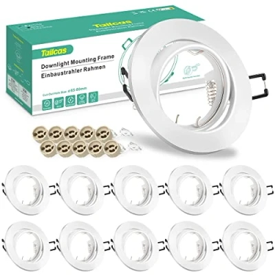 Imagen de Marco Foco Empotrable GU10, 10 Pack Blanco Marcos Focos Downlight Led Redondo con Portalámparas Corte Ф 65 80mm, Ángulo basculación 30, Para 50mm Lámparas De O Halógena
