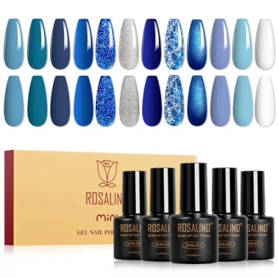 Imagen de ROSALIND Esmaltes Semipermanentes Azul, 12 Color Pálido Azul Lago Tibetano Colores Uñas Glitter Marino, UV LED Pintauñas Manicure Regalo