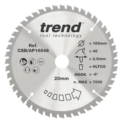 Imagen de Trend CraftPro Hoja de sierra circular TCT para encimera aluminio y plástico, 165 mm diámetro x 48 dientes 20 interior, punta carburo tungsteno, CSB/AP16548