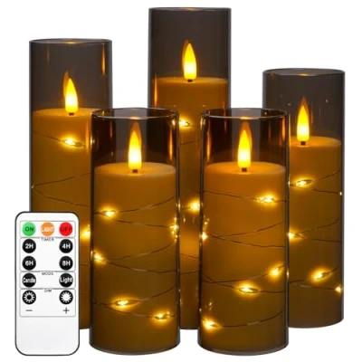 Imagen de vela LED, de batería con guirnalda luz empotrada, sin llama 5 piezas control remoto 11 botones, función temporizador 24 horas, intermitente (sin batería).