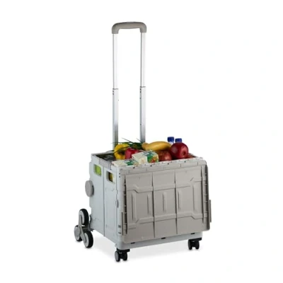 Imagen de Relaxdays Carro Compra Plegable, Cesta con Ruedas Subeescaleras, Tapa, Asa Telescópica, hasta 50 kg, Blanco/Gris, 95 x 48.5 41 cm