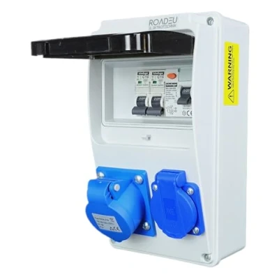 Imagen de RoadEu Distribuidor de corriente 230 V. enchufe monofásico CEE 16 A 3P y Schuko con fusible automático A. Enchufes interruptor FI. integrados