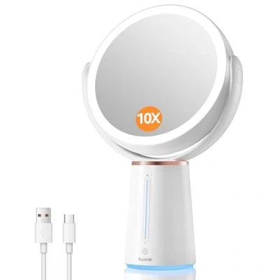 Imagen de Auxmir Espejo Maquillaje con Luz LED, Aumento 10X/1X Doble Cara 360 Giratorio, Recargable 2500 mAh USB, 10 Niveles de Brillo Ajustables, Táctil Sobremesa para Afeitado Depilación Cejas Baño