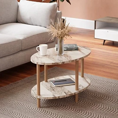Imagen de [en.casa] Mesa de Centro Ovalada con Estante Auxiliar para Sala Espera Polivalente Aglomerado/Madera 43 x 70 44 cm Mármol Crema