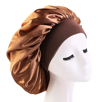 Imagen de 1 Piezas Gorro Saten Pelo Rizado de Banda Ancha Elástica Cubierta Cabeza,Gorro Satén para Dormir Ajustable Noche Gorro,Ajustable Doble Capa Dorado