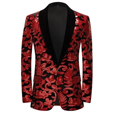 Imagen de PYJTRL Hombres Moda Terciopelo Lentejuelas Patrón Floral Traje Chaqueta Blazer (XL, Rojo)