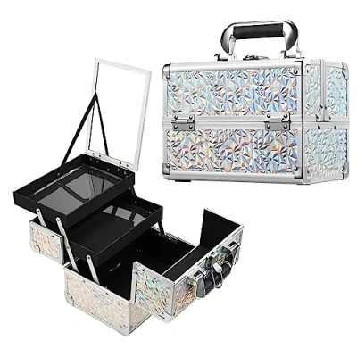 Imagen de Joligrace caja de maquillaje, organizadora cosméticos, almacenamiento belleza, estuche tren con espejo, Dazzle Silver