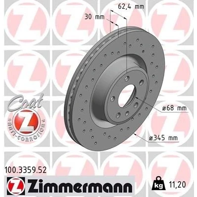 Imagen de ZIMMERMANN 100.3359.52 Disco de freno 345 30 6/5 5 112 ventilación interna, perforado revestido altamente carbonizado AUDI: A6 C7 Allroad