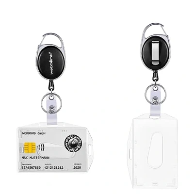 Imagen de WEBBOMB yoyó Llave de con soporte para tarjetas identificación horizontal y vertical, doble uso, cuerda resistente al desgarro clip cinturón, funda (negro)