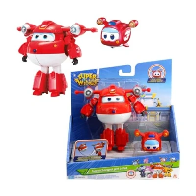 Imagen de Super Wings EU750421 Supercharged Jett &amp; Mini Pet Jett, Transformer Toys for 3+ Year Old Boy Girl, Red