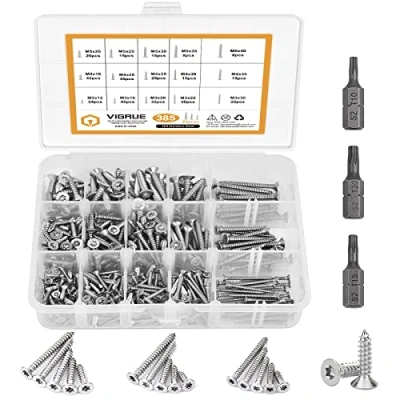 Imagen de VIGRUE Juego de 385 tornillos acero inoxidable M3, M4, M5, para aglomerado con cabeza avellanada, autorroscantes 3 puntas