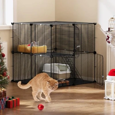 Imagen de YITAHOME Jaula para Gatos Interiores/Exteriores, Recinto Gatos, Parque de 2 Niveles, con Alambre Denso, Perrera Metal Conejos, Animales Pequeños, Negro