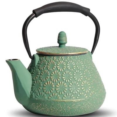 Imagen de MILVBUSISS Tetera de hierro fundido, 950 ml, con patrón flor Sakura japonesa, apta para estufa, infusor hojas sueltas y café, mango silicona, interior esmaltado, 32 onzas, verde