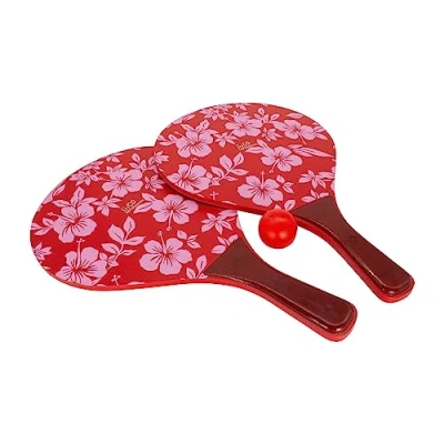 Imagen de Juego de pelota playa madera, diseño retro en rojo con flores, 2 raquetas 1 ocio, para jardín y 3269