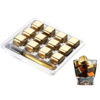 Imagen de Anlising 12PCS Cubitos de Hielo Acero Inoxidable, Reutilizables Acero, Metal, Piedra Enfriamiento, para Vinos,Vodka,Licores,Jugos Bebidas (Oro)