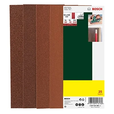 Imagen de Bosch 2607019498 Paquete de 25 lijas para lijadoras orbitales (93 x 230 mm, sin perforar, grano 60, 80, 120, 240)