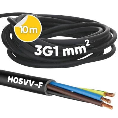 Imagen de Kalitec H05VV F cable de manguera (10 m, 3 x 1 mm², alimentación 3G1 mm2 con conductor protección, PVC para interiores, eléctrico negro, lámpara flexible,