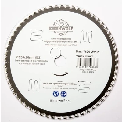 Imagen de Hoja de sierra circular 200 x 20 mm para madera con 60 dientes TCT inclinados y cortes láser reducción ruido