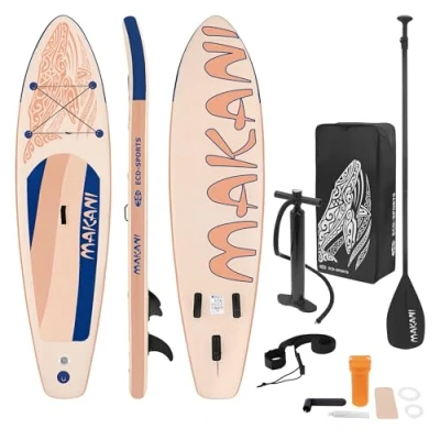 Imagen de ECD Germany Tabla Hinchable de Paddle Surf Sup Makani 320 x 80 15 cm PVC con Bomba Aire, Bolsa Transporte y Accesorios, Placa Stand Up para Adulto Niño hasta 120 kg, Color Albaricoque
